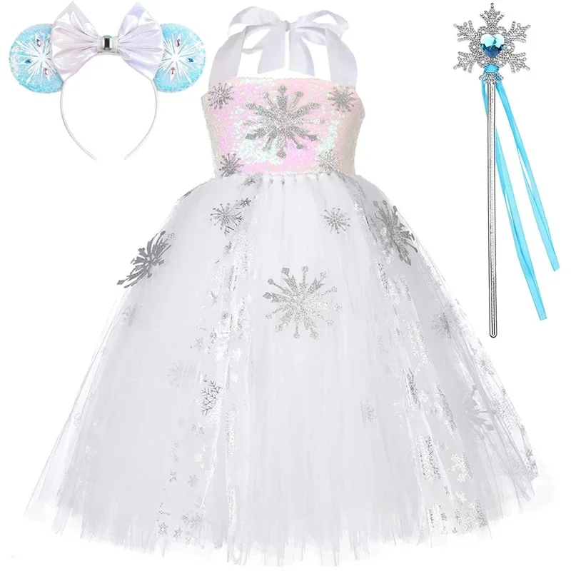 

Sparkly Snowflakes Elsa Long Dress for Girls White Sequins Snow Queen Costumes for Kids Christmas Party Outfits with Crown Stick
