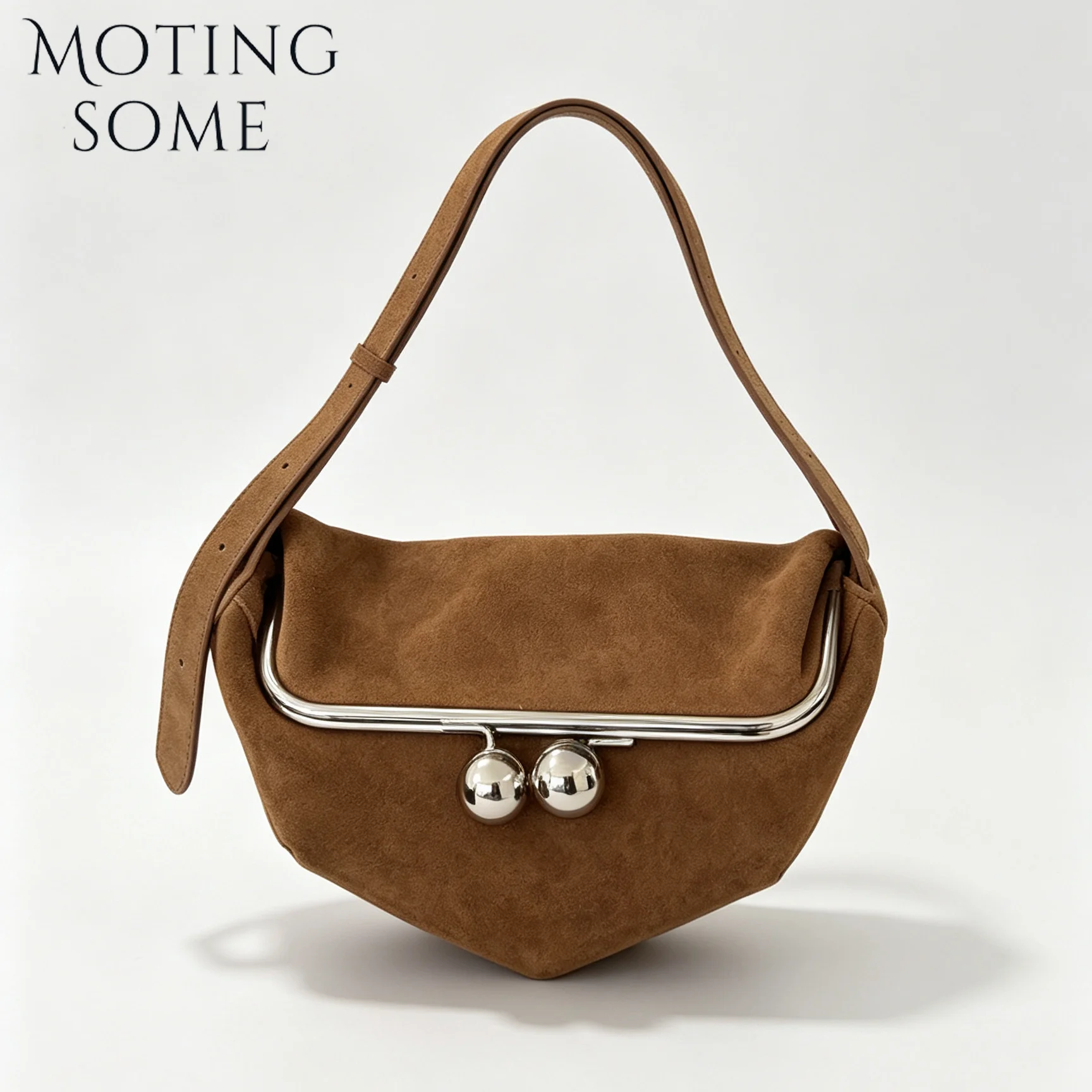 MOTINGSOME Women Suede Cowhide Leather Shoulder Bag Vintage Round Ball Metal Clasp Adjustable Strap Crossbody Purse Daily  Bags