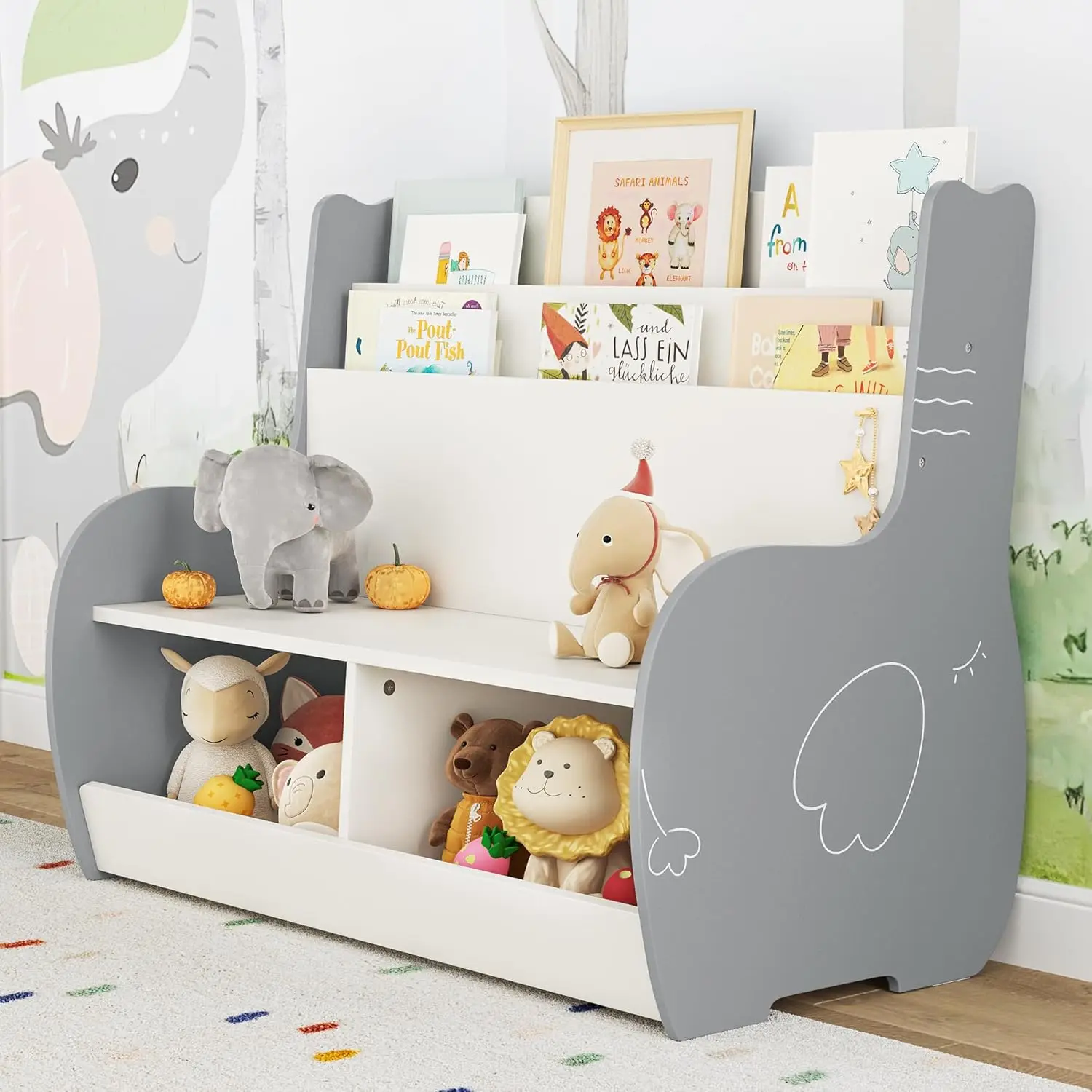 3-in-1  and Toy Storage Organizer with Bench, Toddler Bookshelf and Bookcase with Reading Nook and 2 Storage Cabinets, Kids Book