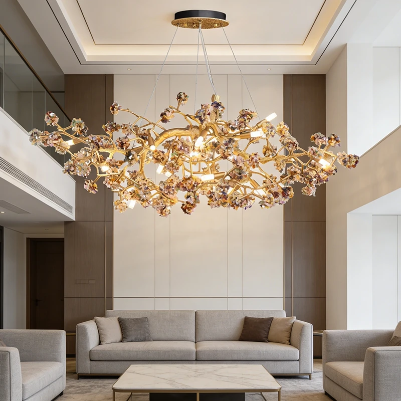 Natural Crystal All Copper Chandelier Modern Luxury Pendant Light For Living Room Dining Room New Home Decor Lighting