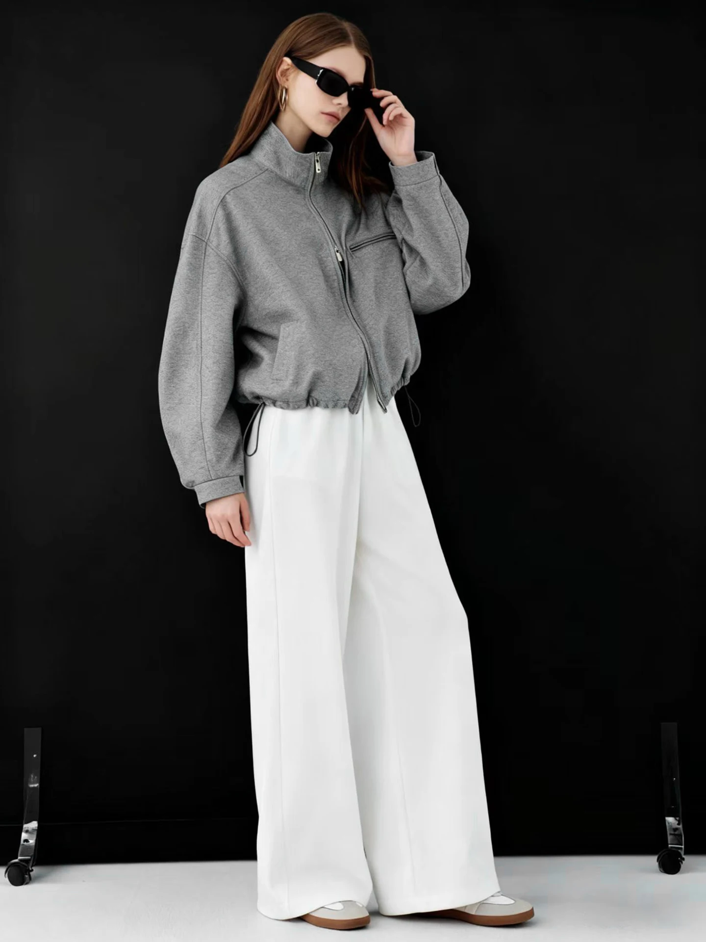 

HUAAPPUW ey Double Zipper Stand Collar ort Jaet 2026 Spring New Simple Loose Commuter Versatile Cotton Blend Jaet