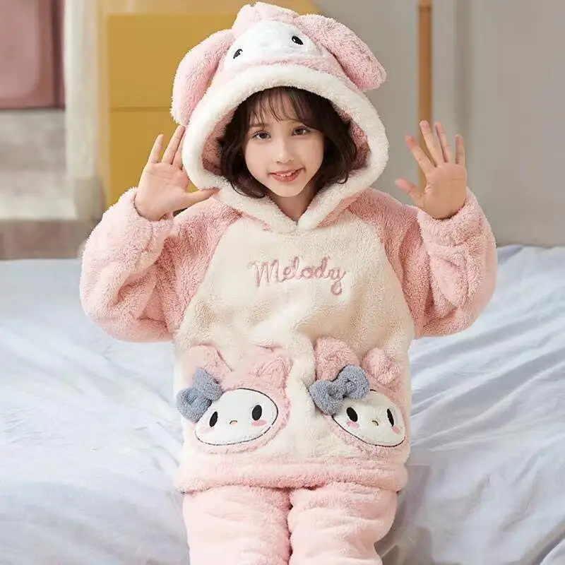 

Hello Kitty Kids Flannel Hoodie Pajamas Sets Sanrio My Melody Girl Cartoon Kawaii Soft Leisure Wear Autumn/winter Home Clothes