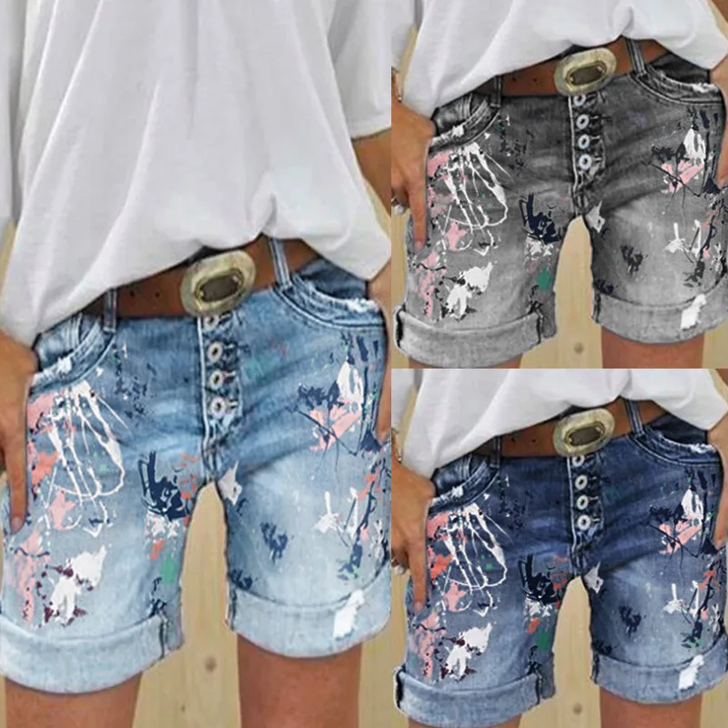 Printed stretch casual denim shorts with buckle fitting hot pants high waisted loose street single breasted women's denim shorts