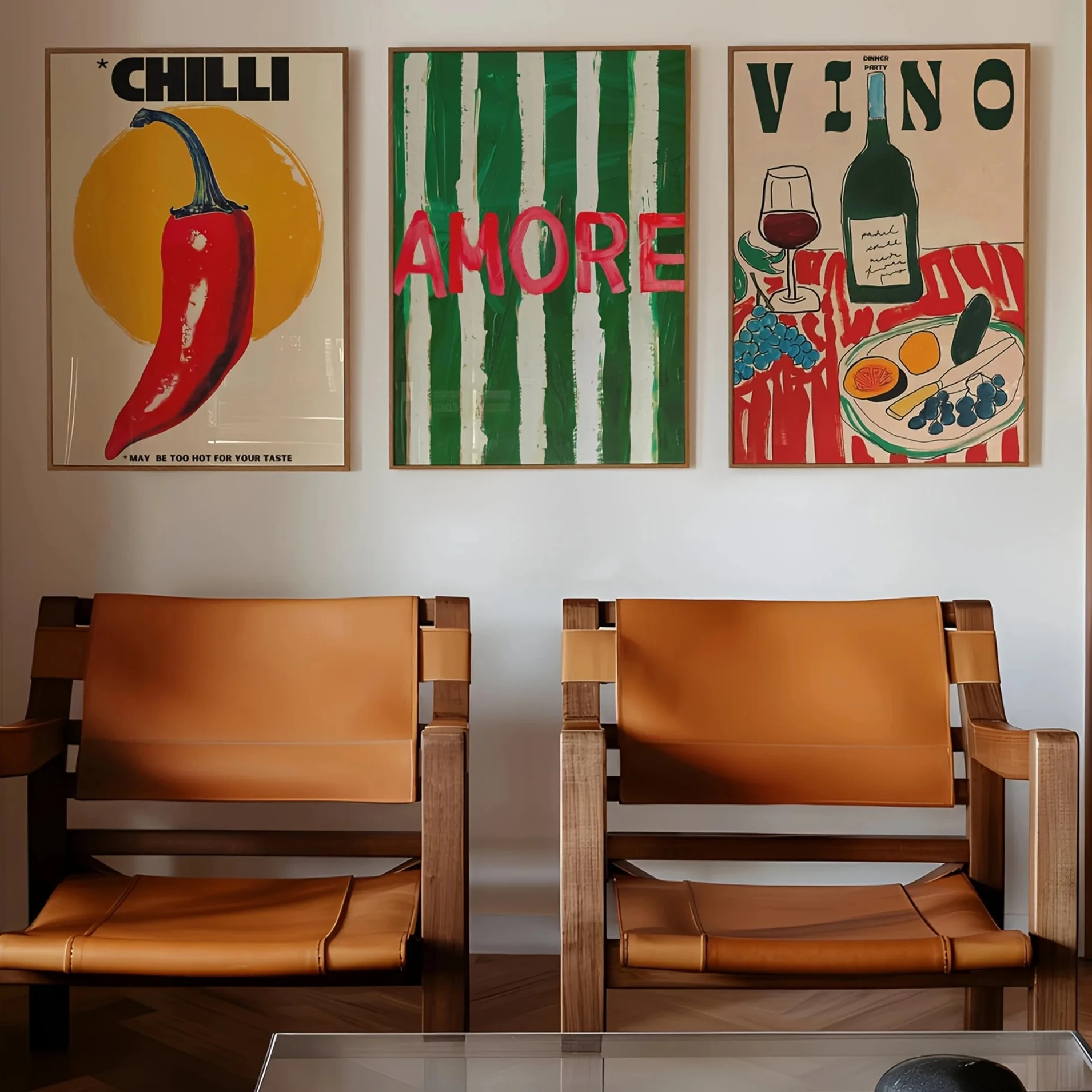Amore Green Striped Canvas Printing Vino Wine Glass & Pepper Wall Art Poster Modern Living Room Bedroom Kitchen Home Decor Gi