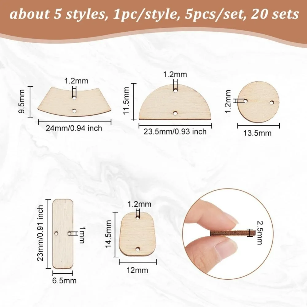 100Pcs 5 Style Natural Wood Earring Blanks Wood Connector Pendants Geometric Undyed Wood Pendants Connectors Links with Double