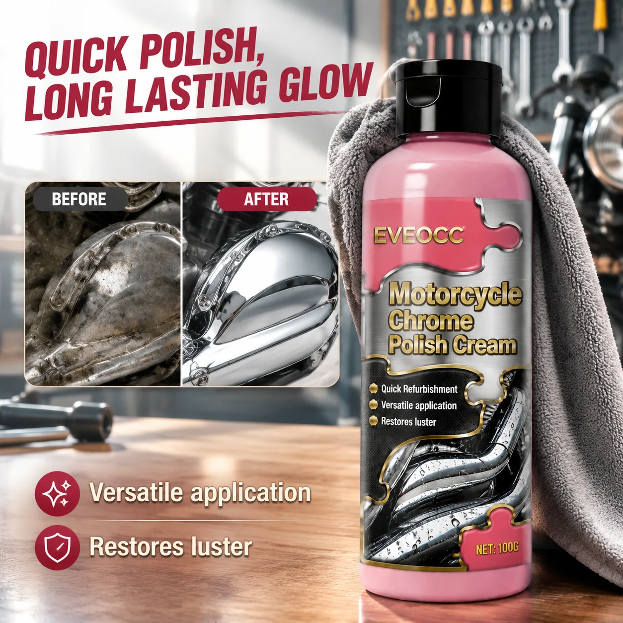 Motorcycle Chrome Restoration Polish Cream 100g, Versatile Metal Polishing Paste Brightener for Motorbike Bike Metal Components