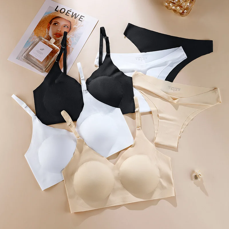 Ice Silk Seamless Bra and Panty Set Comfortable Wireless Push Up Bra Sexy Low Waist Panties Plain Color Underwear Set