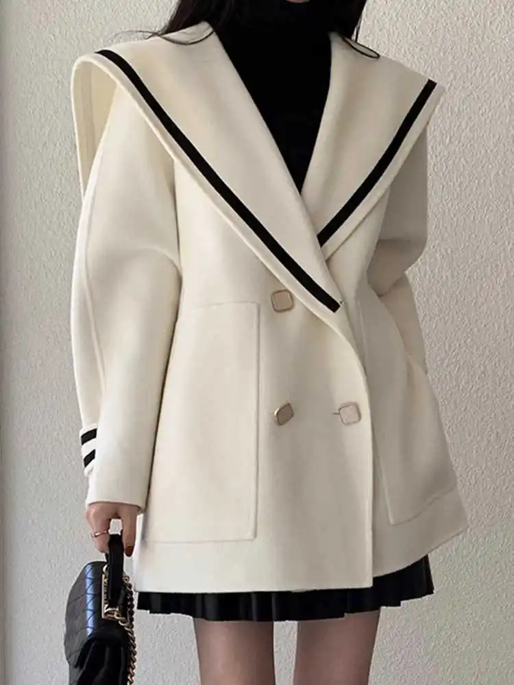 

Retro Fashion Navy Collar Woolen Coat Women'S Autumn And Winter French Double Breasted Loose Casual Coat