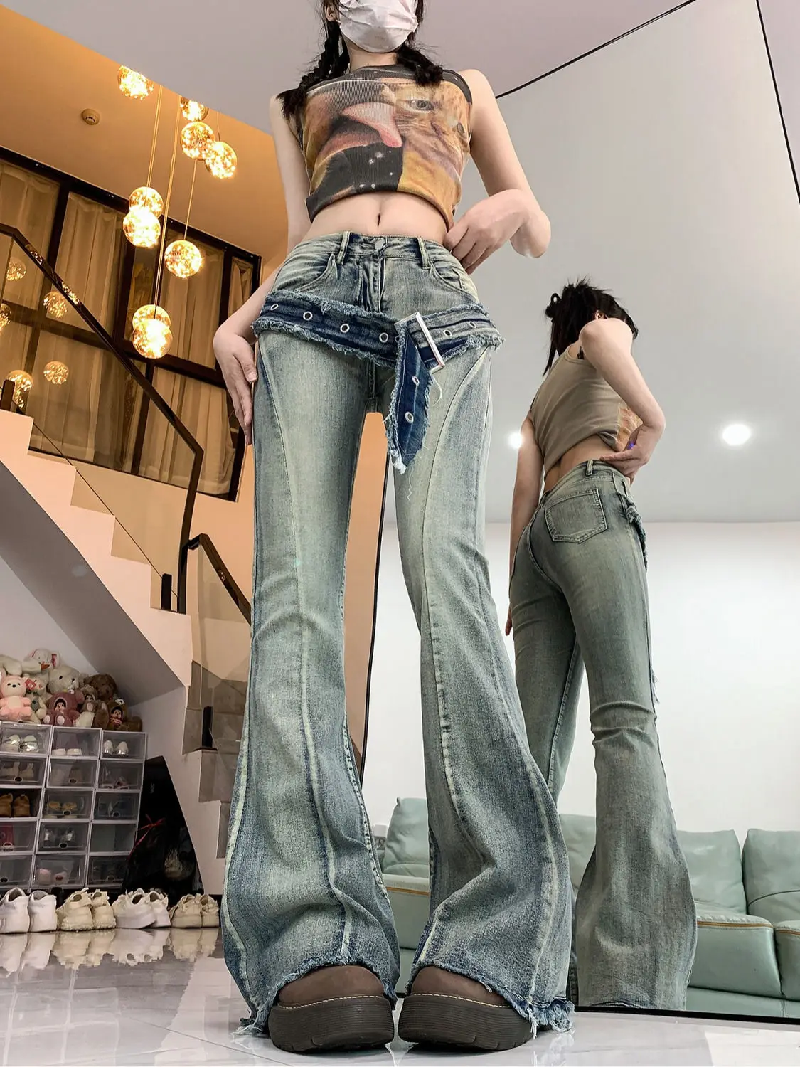 Calça feminina de cintura alta com fundo de sino, calça simples, selvedge áspero, moda e vintage, rua americana, nova, primavera, 2022