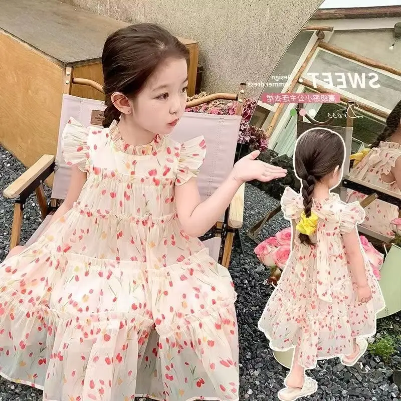 Girls Dress Summer 2026 New Summer Outfit Floral Little Girl Dresses Baby Fluffy Mesh Dress Princess Dress Flower Girl Dresses