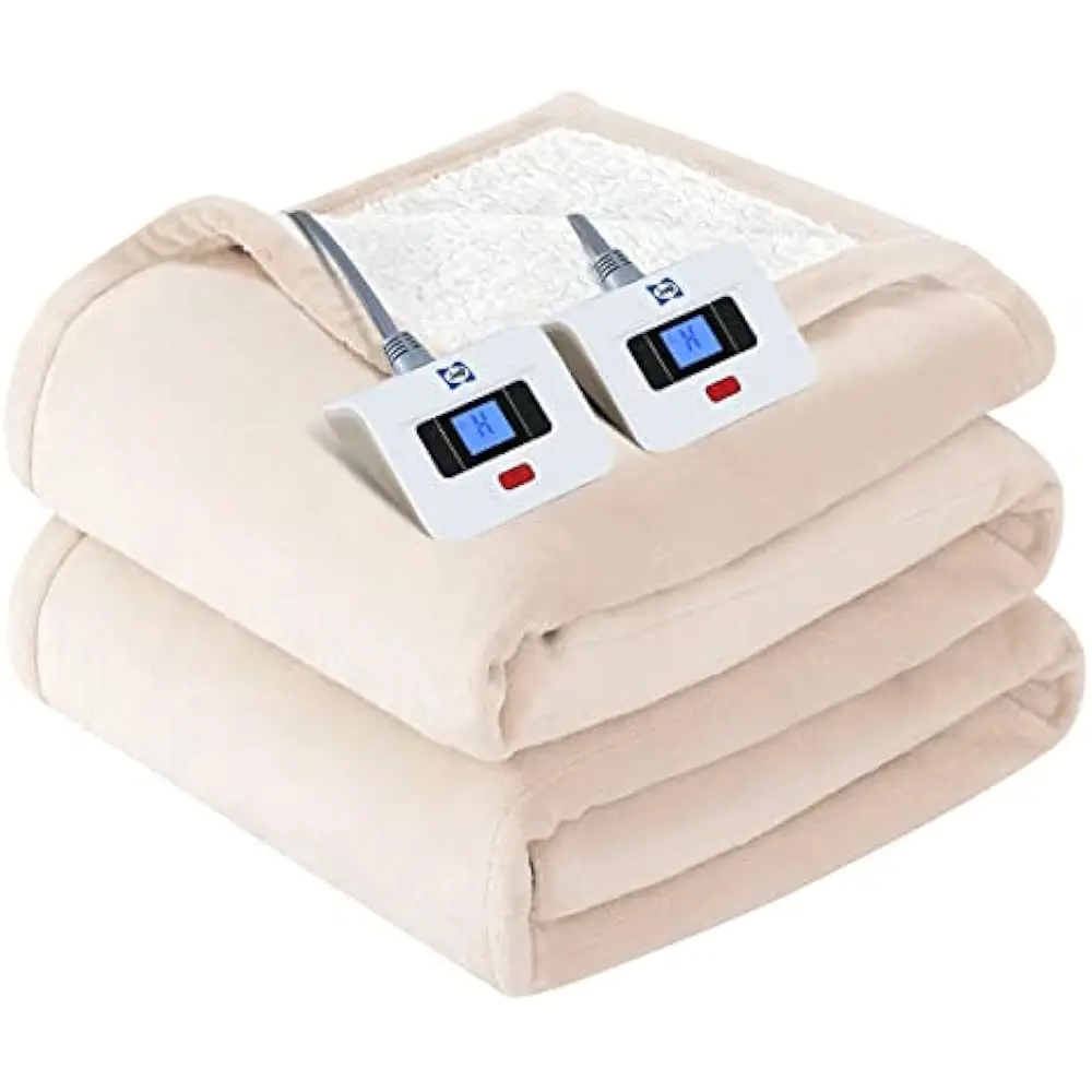 Electric Blanket, Flannel & Sherpa Heated Blanket with 10 Heat Setting, Fast Heating Blanket, Machine Washable