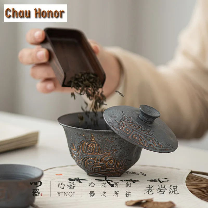 Vintage Old Rock Clay Gaiwan Ancient Tea Tureen Household Tea Bowl with Lid Kit Tea Maker Cover Bowl Kung Fu Tea Set Decoration view 4