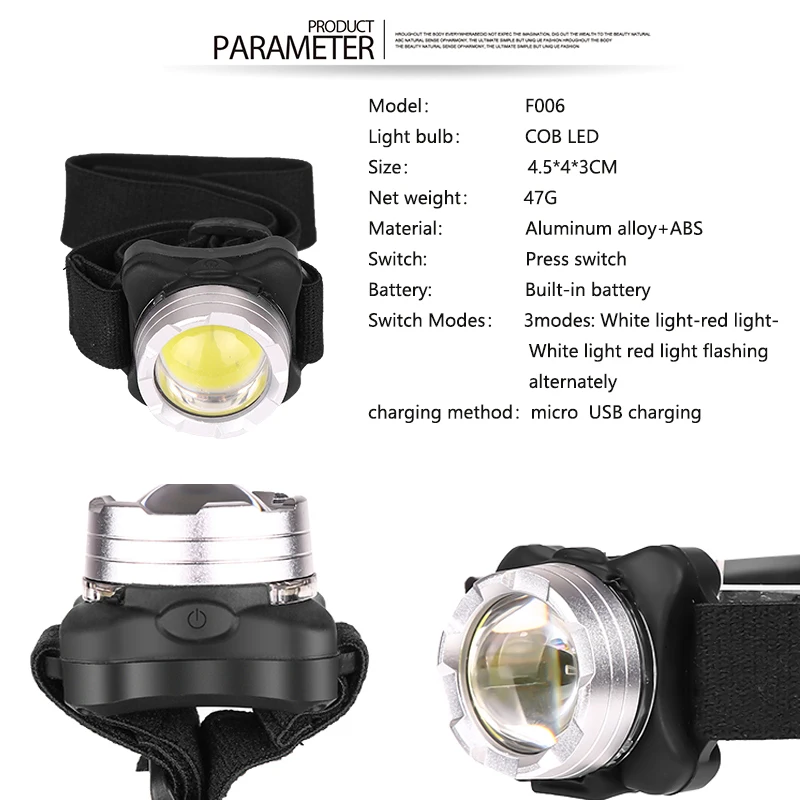 USB Rechargeable Built-in battery LED headlamp COB work light 3light modes Waterproof headlight for fishing, camping