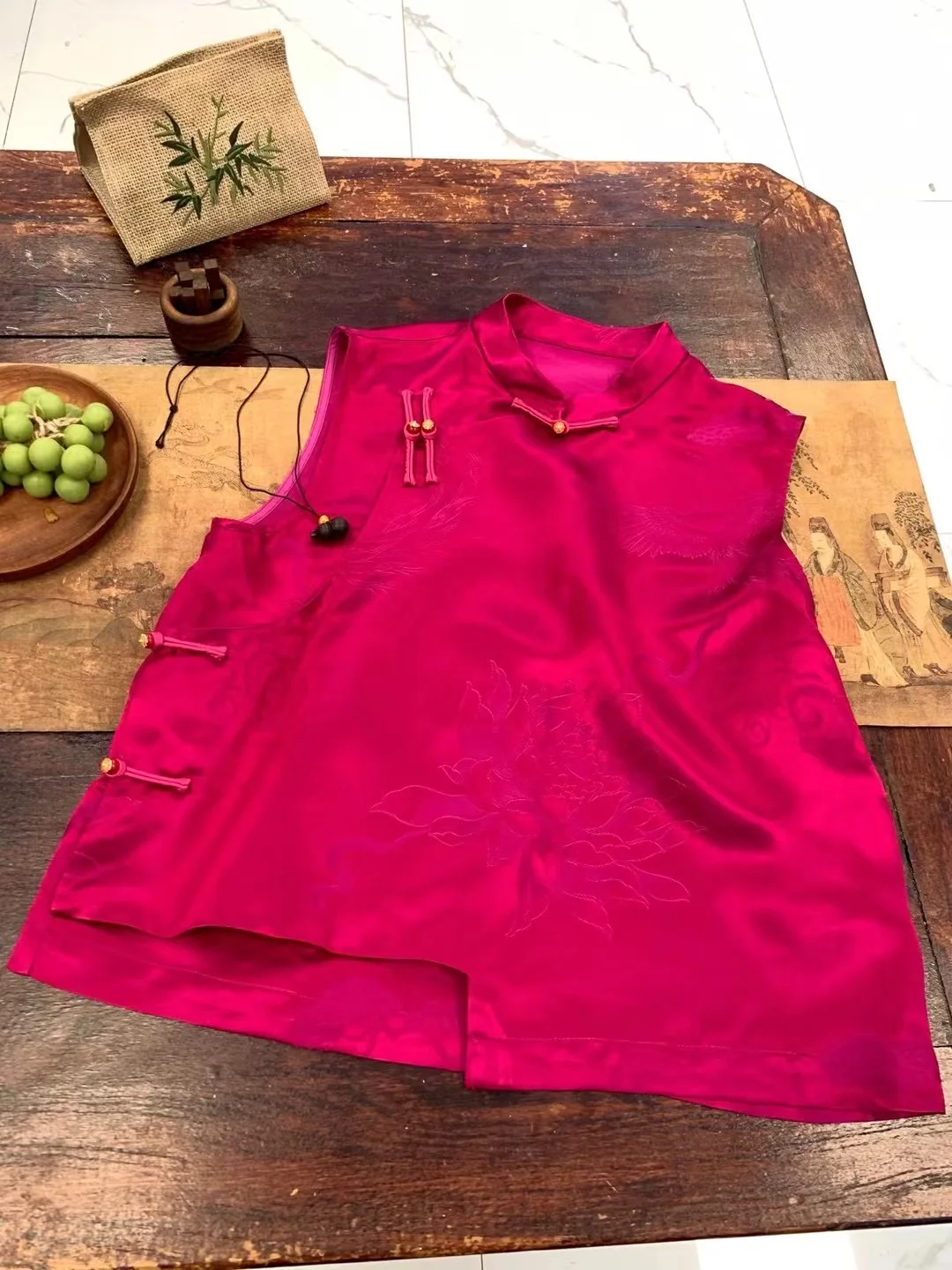 

Silk Old Satin Vest Women's Jaet Commute Sle Summer Season Stand Collar Single Button Closure Plant Floral Pattern