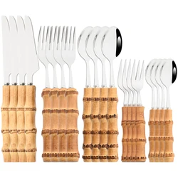 Western Flatware Set 4/20Pcs Knife Tea Fork Spoons Tableware Stainless Steel Cutlery Set Natural Bamboo Handle Dinnerware Set