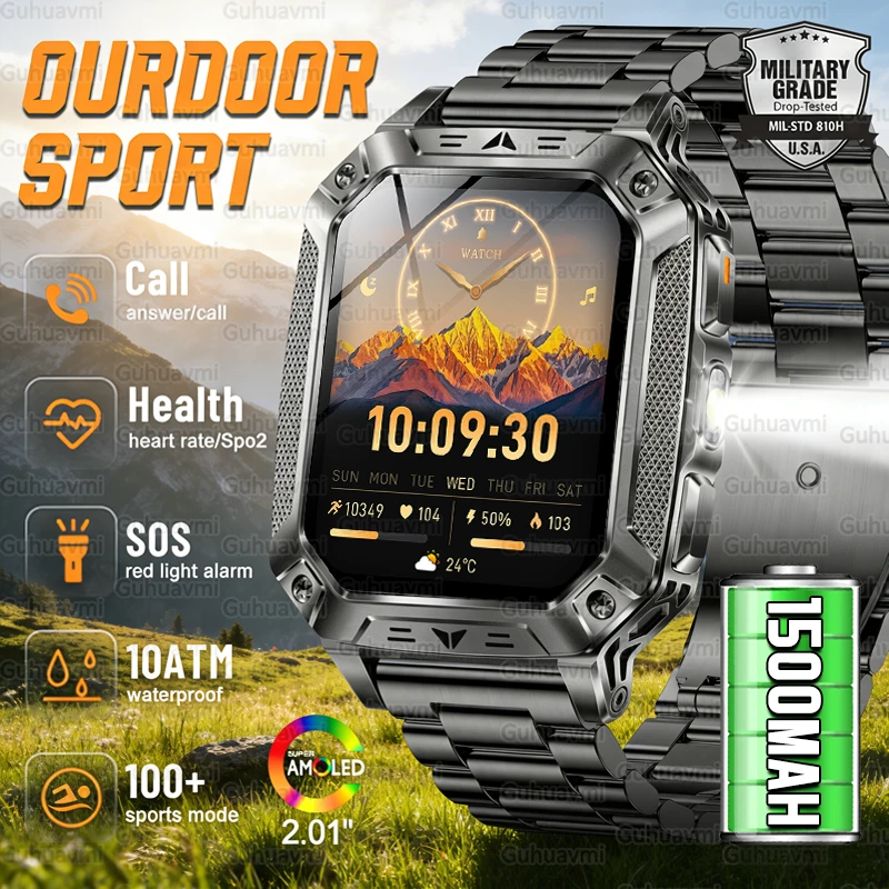 

Новые смарт-часы 2026 года с аккумулятором 1500 мАч, прочные, с большим запасом хода, водонепроницаемость 10ATM, тактический LED-фонарик, SOS-оповещение, 100+ спортивных режимов, для мужчин