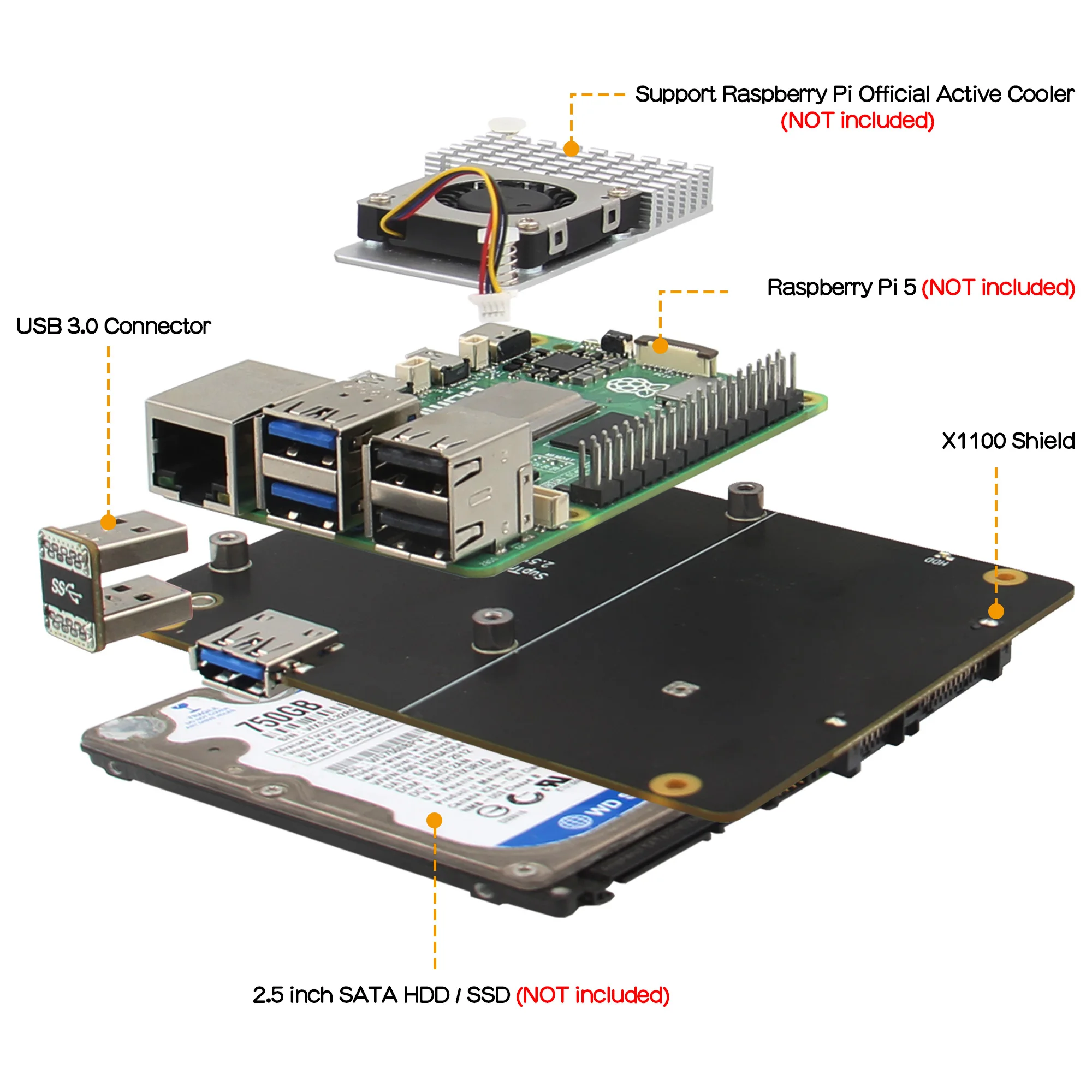 Geekbord X1100 2.5 inch SATA HDD / SSD Shield for Raspberry Pi 5