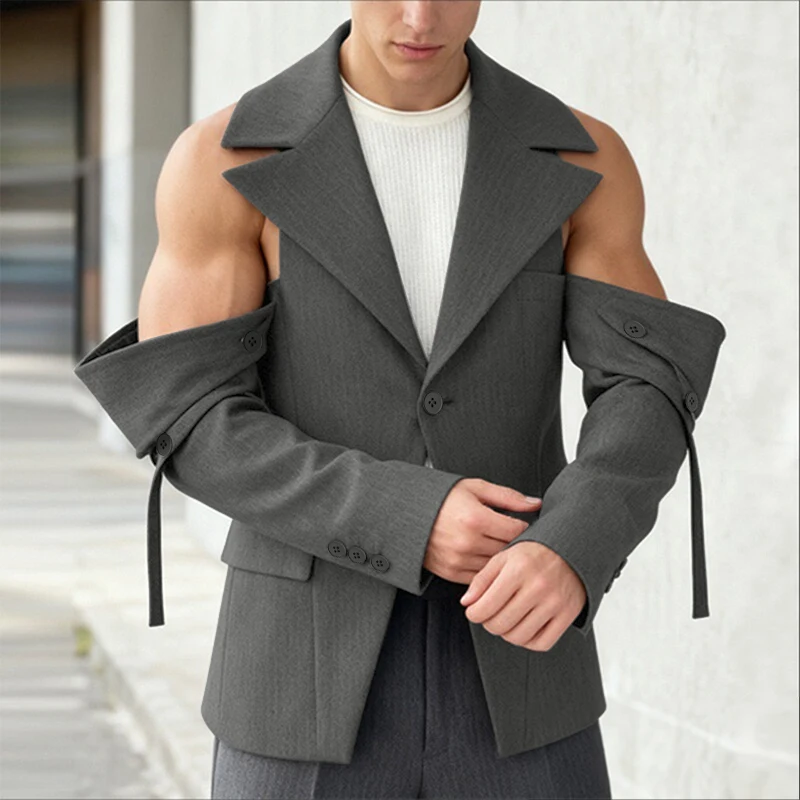 

INCERUN Men Blazer Solid Color Lapel Long Sleeve Hollow Out Casual Male Suit Streetwear Off Shoulder Fashion Thin Coats Men 2026