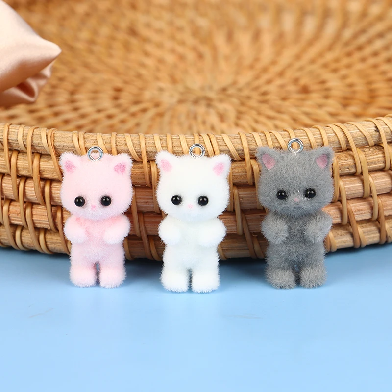 

Flocking Animals Cartoon Cats Shape Resin Dolls Beads Pendant Keychain Accessories