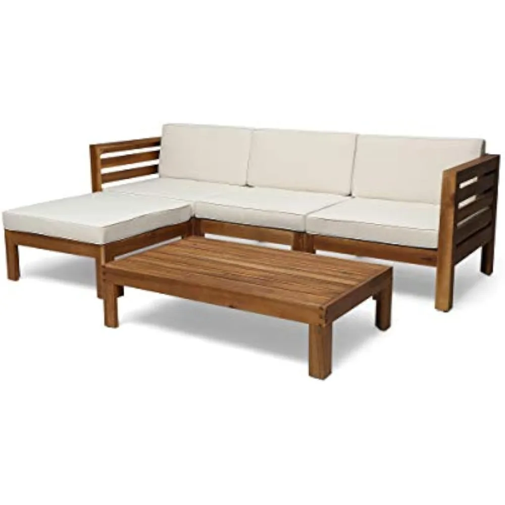 Alice Outdoor 5 Piece Acacia Wood Sofa Set, Teak Finish, Beige