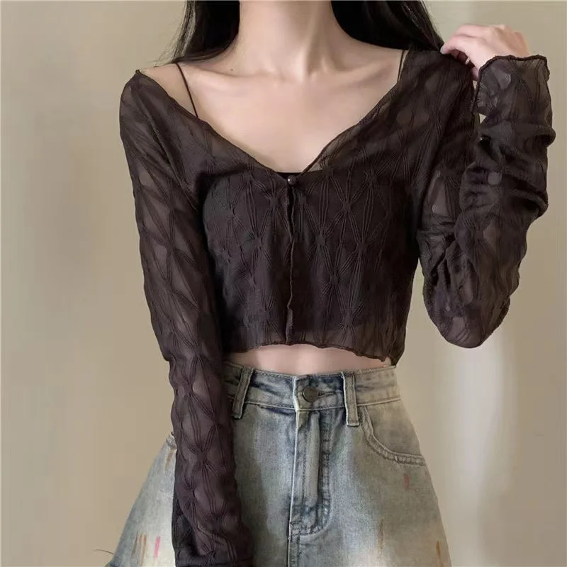 

Новый летний женский кардиган с v-образным вырезом и кружевной отделкой Slim Fit ort Svel, верхняя одежда с открытой рубашкой и кондиционером