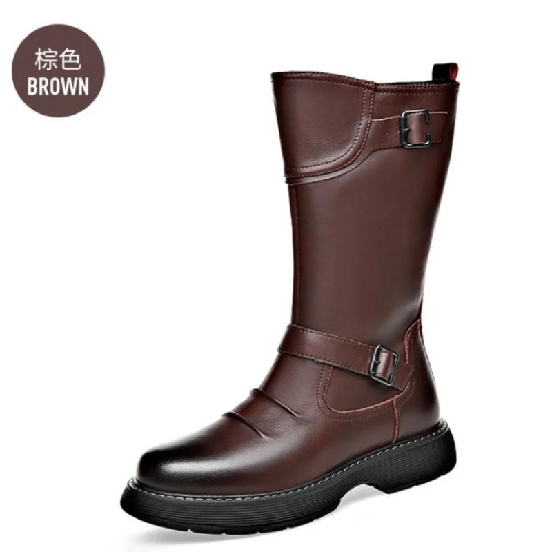 Retro Side Zipper Long Boot Medieval Leather Boots Stage Performance Film And TV Boot High Top Rubber Outsole round Toe Boot