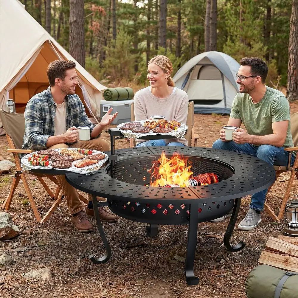 

Outdoor ire Pit, 43" ire Pit or Outside Wood Burning with Adjustable 2 Grills, irt with Lid and ire Poker, BBQ, Bonire, Round Ou