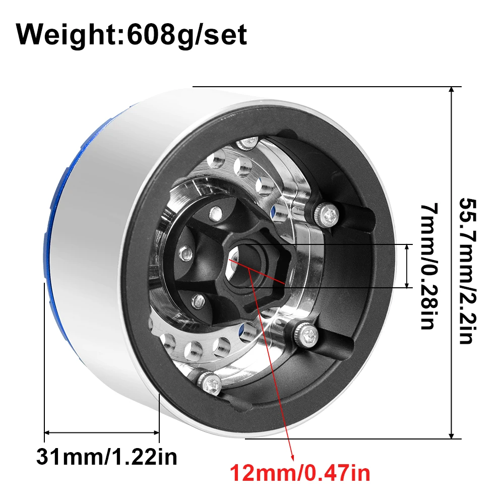 The 1.9-inch brass wheel hub and aluminum outer ring are suitable for 1/10 SCX10 90046 TRX4 TRX6 D90 off-road vehicles.