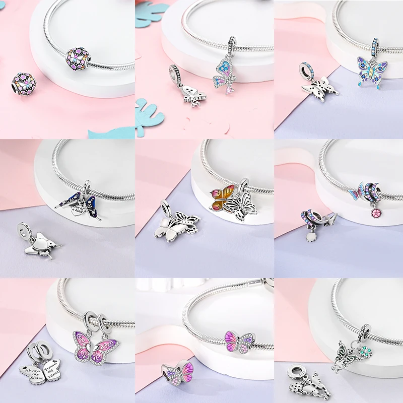 Schmetterlingsanhänger 925 Sterling Silber Rosa Blau Regenbogen Perlenanhänger Passend für Europäische Armbänder DIY Schmuck Geschenk für Frauen und Mädchen 2026 – Detail 6