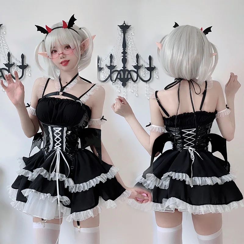 

Halloween Sexy Little Devil Maid Costume Sweet And Spicy Dark Puffy Dress Witch Demon Night Elf Vampire Bat Cosplay Costume 2025