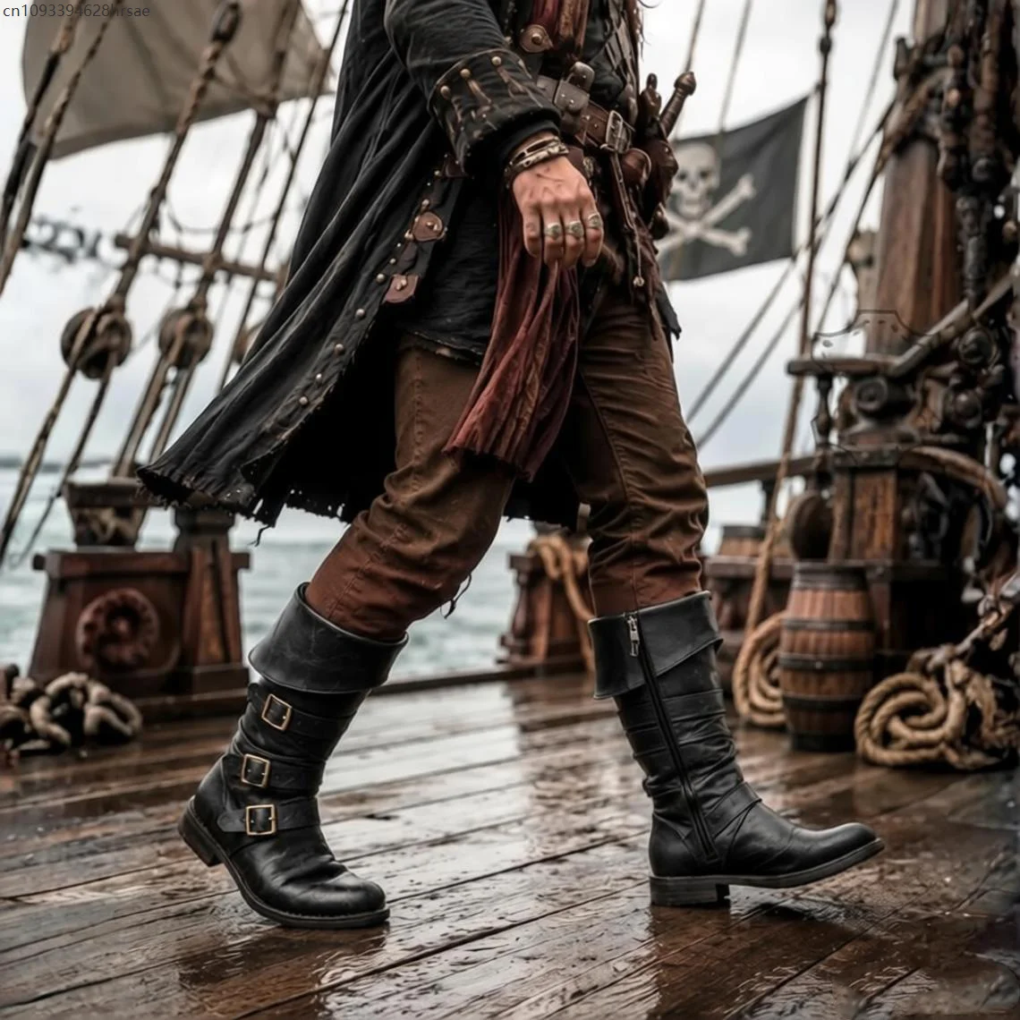 Men Vintage Pirate Shoes PU Leather Triple Buckle Knight Punk Boots Side Zipper Medieval Renaissance Cosplay Costume Footwears