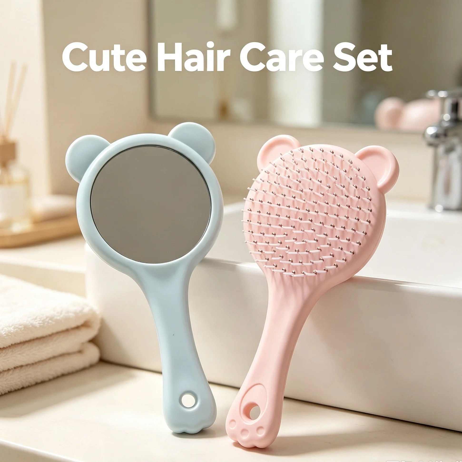 Cute little bear two-in-one airbag comb featuring a high-definition makeup mirror on one side and an airbag comb on the other.