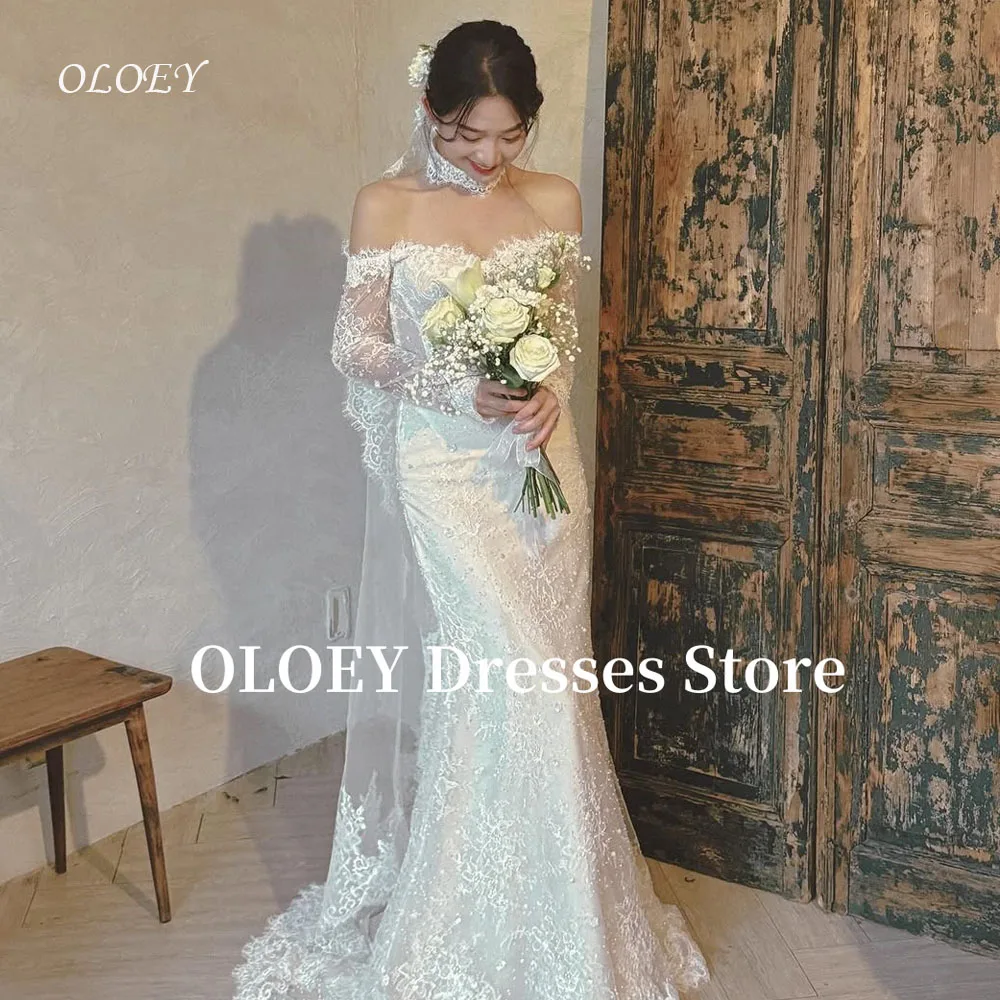 OLOEY Elegant Off Shoulder Mermaid Wedding Dresses Korea Photo shoot Long Sleeves Lace Bridal Gowns With Veil Customized