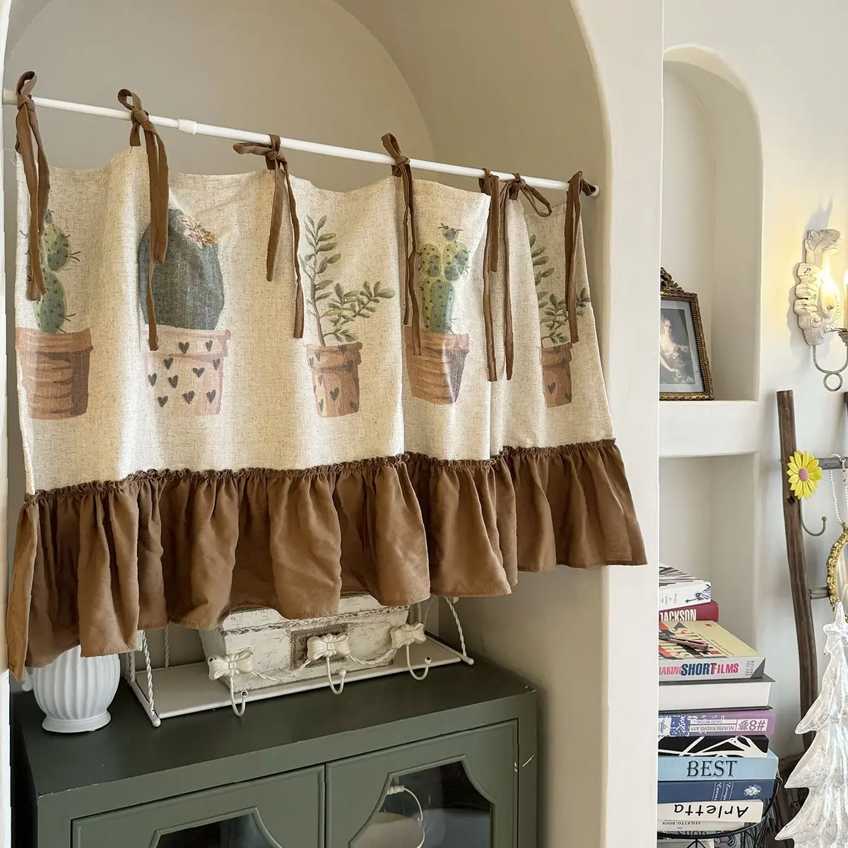 Desert Cactus Green Plants Pattern Cotton Linen Blend Fabric Half Curtain Beige Splicing Cloth Kitchen Small Window Door Decorat