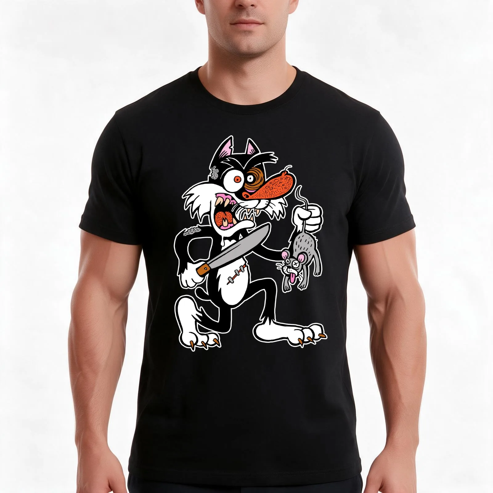 Thrill Kill Kitty T-Shirt, Summer Casual Cotton Tee, Oversized Streetwear Tops, Vintage Graphic Print, Loose Fit Short Sleeve