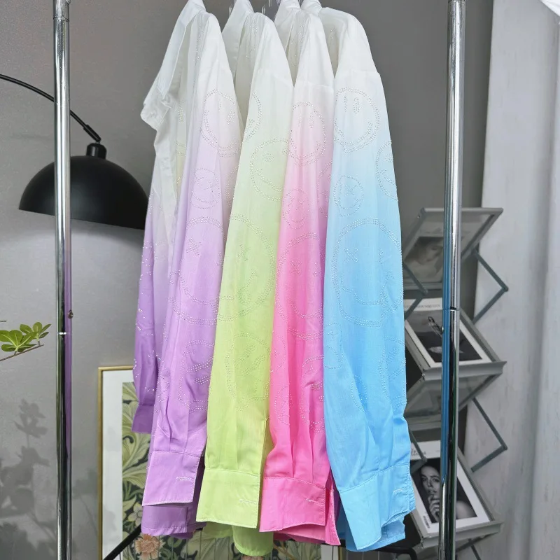 Spring Summer 2024 New Hot Drilling Tie-Dyed Gradient Color Blouse Women Thin Shirts Sweet Candy Color Top Sun Protection Shirt