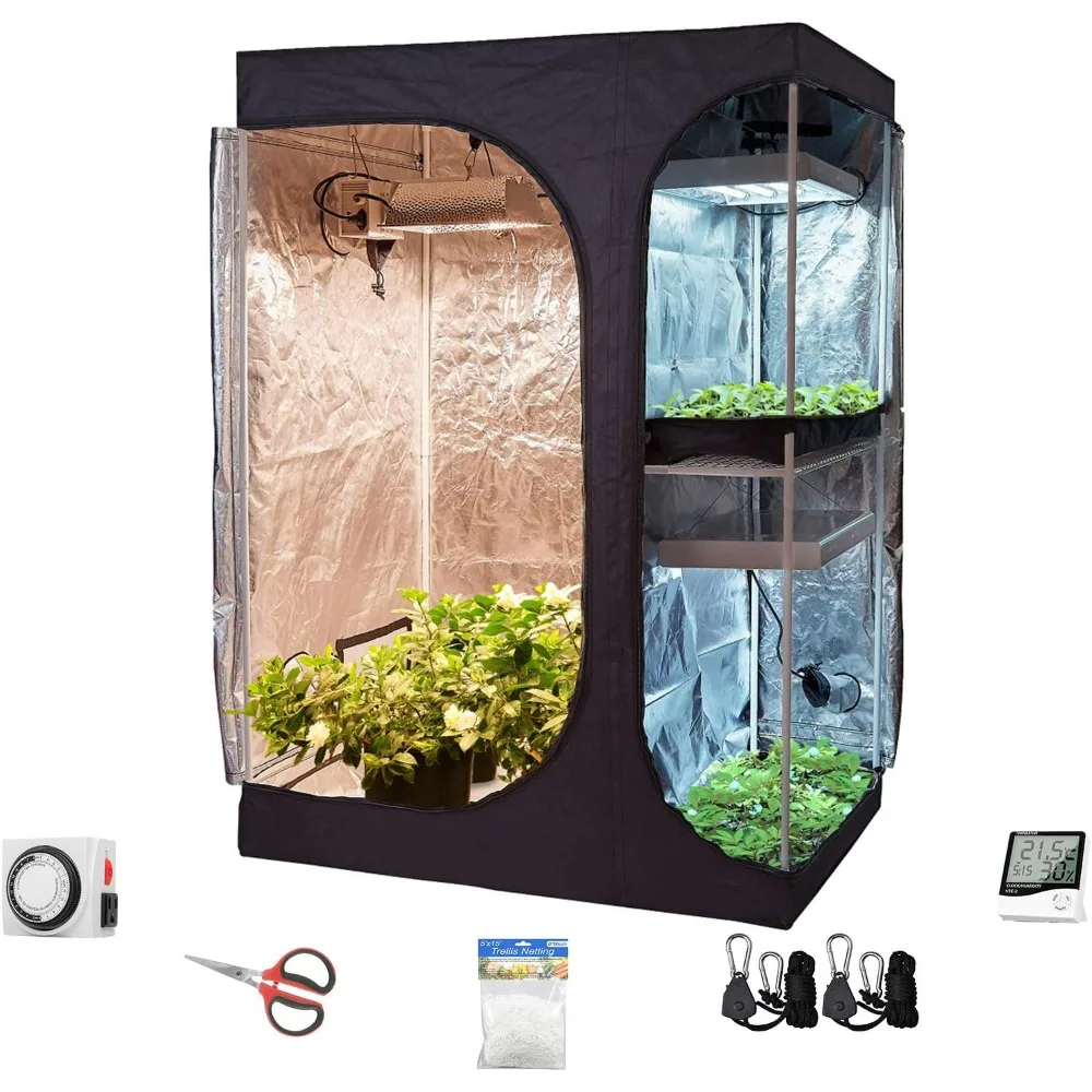 

60''x48''x80'' Growing Room Kit + Light Hangers + Hygrometer Thermometer Indoor Plants Growing Dark Room Accessories