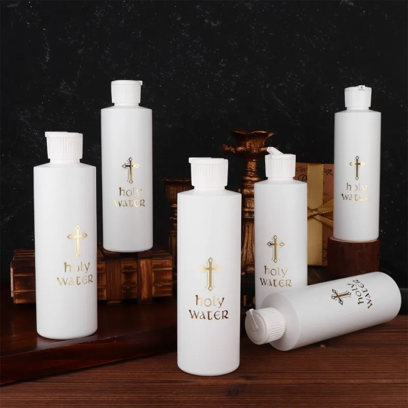 6Pcs Large Holy Water Bottles 250ML Empty Container with Gold Cross Holy Water Plastic Bottle for Compact for Catholic