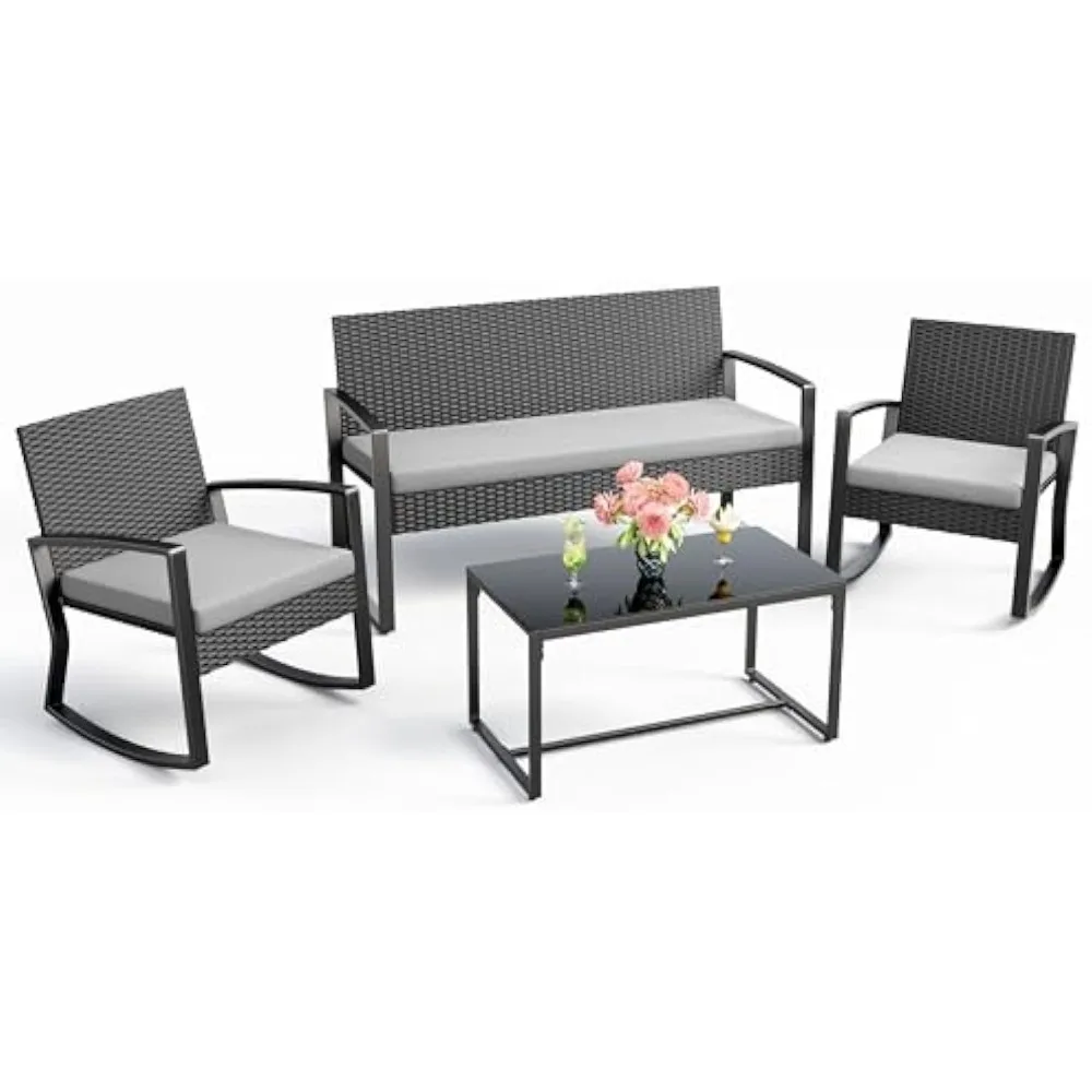 Outdoor Wicker Courtyard Furniture Set, Glass Coffee Table, Swinging Wicker Bar Set, 4 Pcs