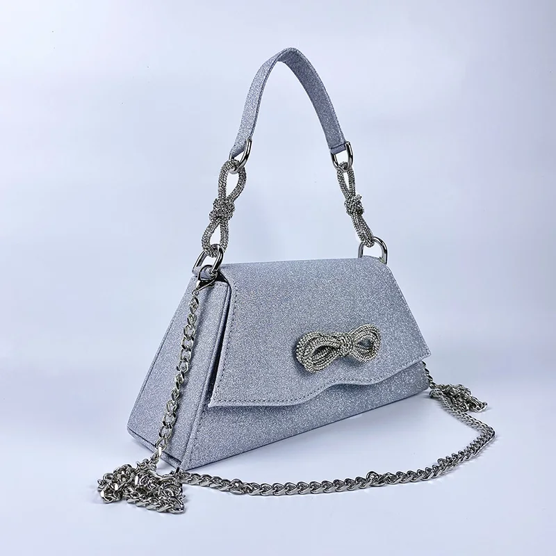 24 New French Bow Diamond Glitter Dinner Bag Mini Square Kelly Chain Hand Shoulder Crossbody borsa da donna