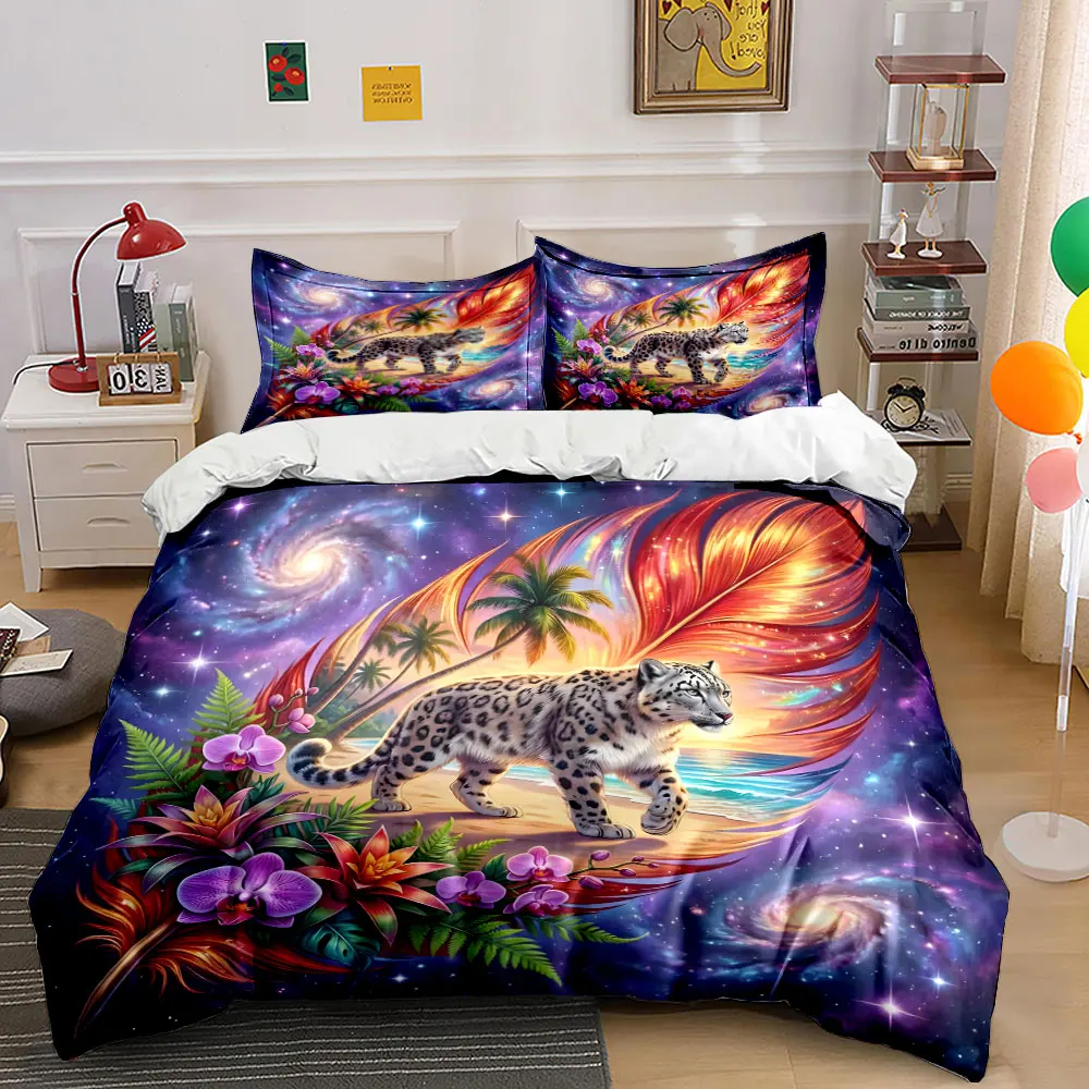 Starry Dream Leopard Illustration Duvet Cover Set with 3D Printing Design Soft Polyester Bedding Set All-Season Comfort