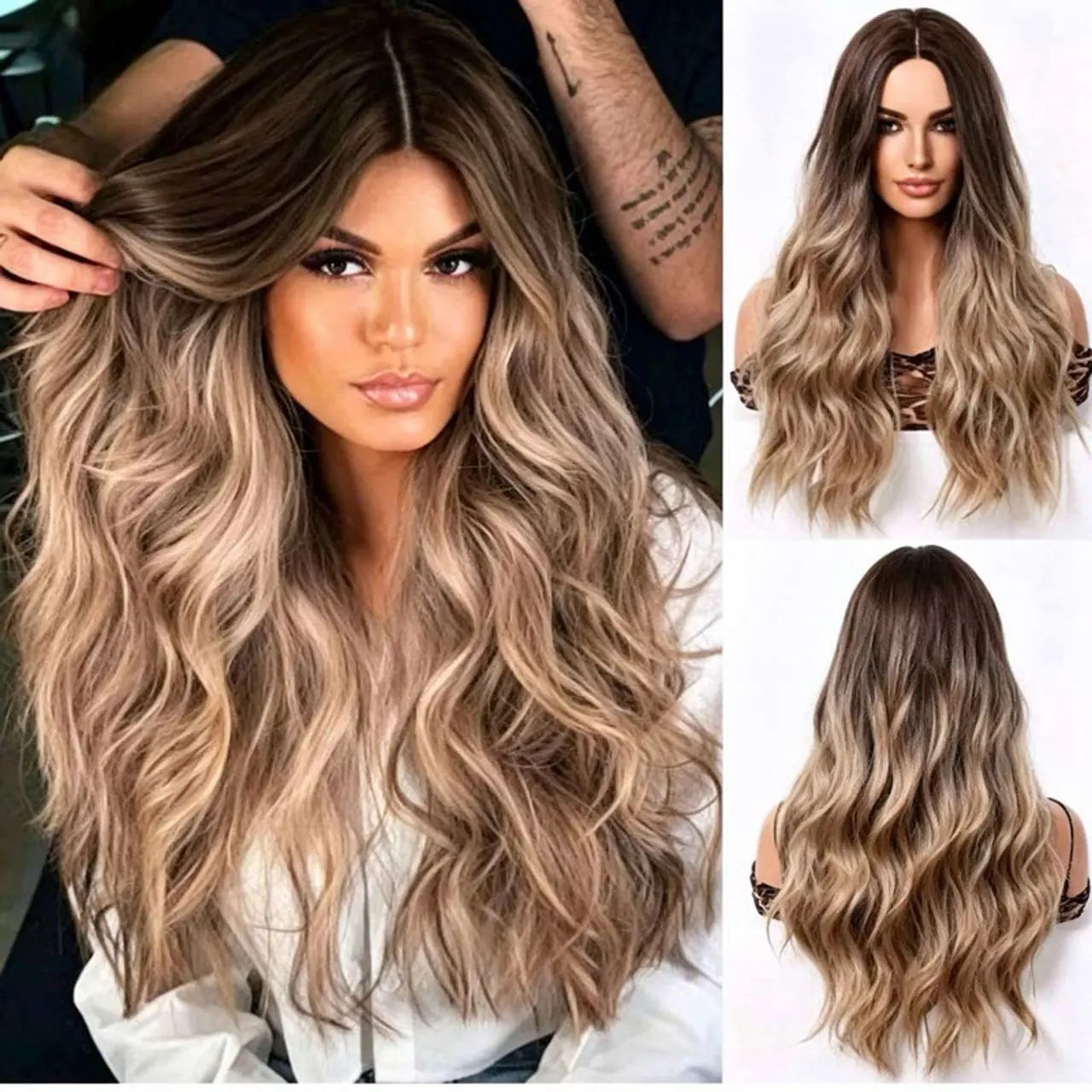 JOVIA Ombre Brown Long Wavy Synthetic Wigs Middle Part Heat Resistant Wig Natural Breathable ForWomen Daily Cosplay Wigs On Sale