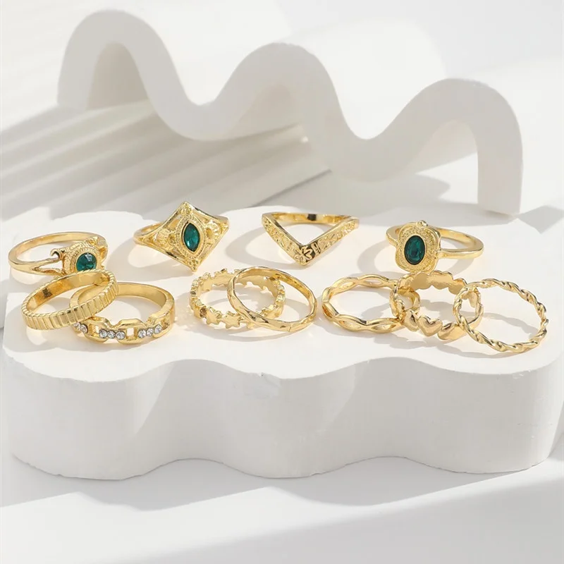 1 Set Fashion Green Crystal Heart Rings for Women Vintage Gold Geometric Rings Set Party Jewelry Accessories