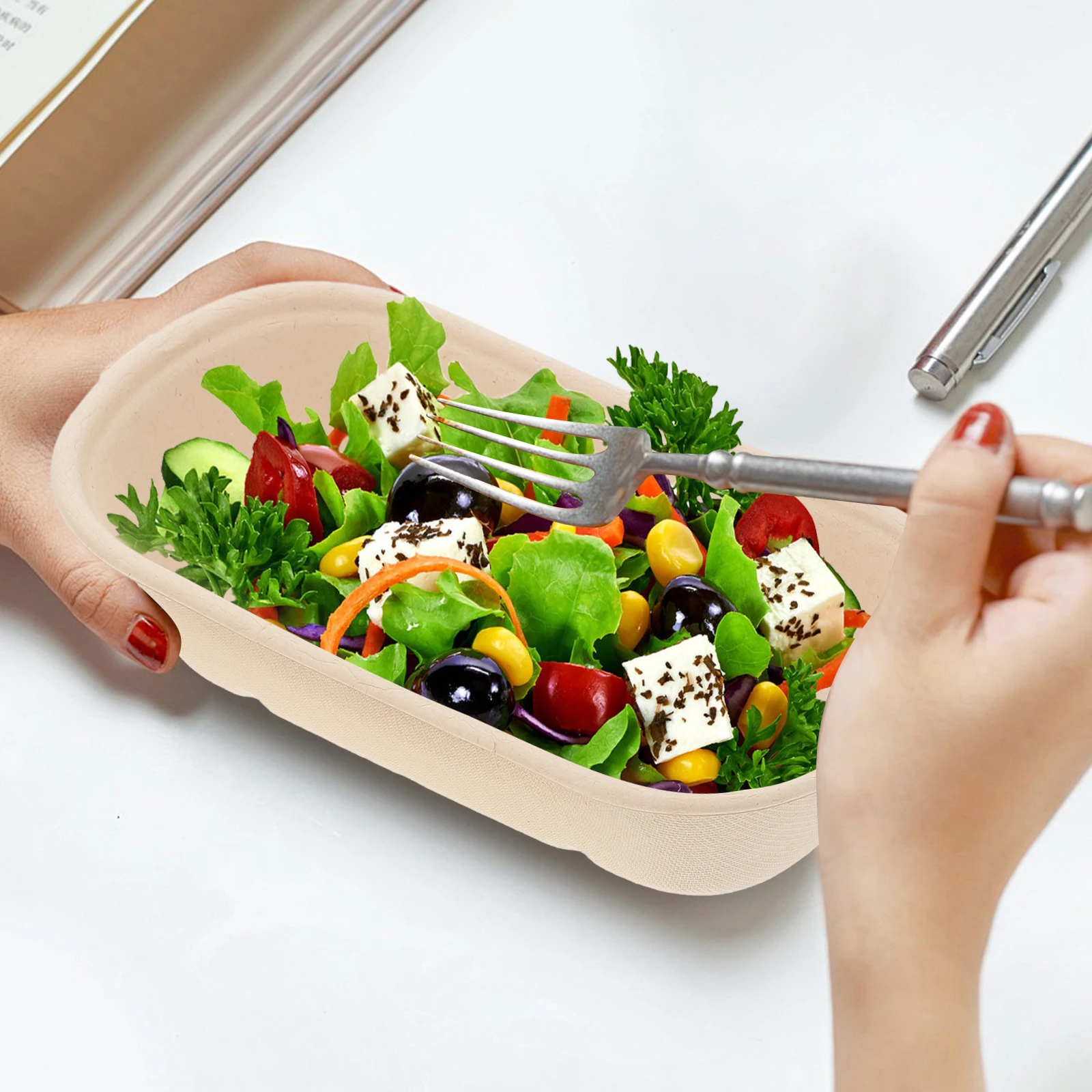 

25 Sets Pulp Boxes Disposable Box 850ml Dual Compartments Khaki Takeout Containers for Salads Sushi Food Packing