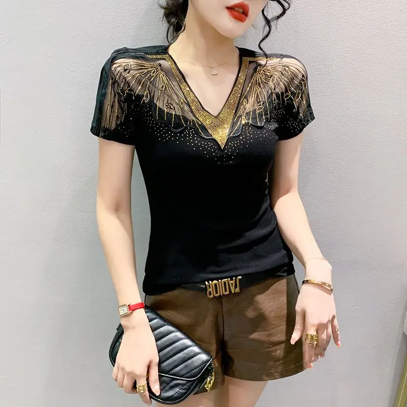 Women Summer Fashion Slim Sexy Hollow Out V-neck Short Sleeve T-Shirt Women Clothes Casual All-match Net Yarn Appear Thin Tops