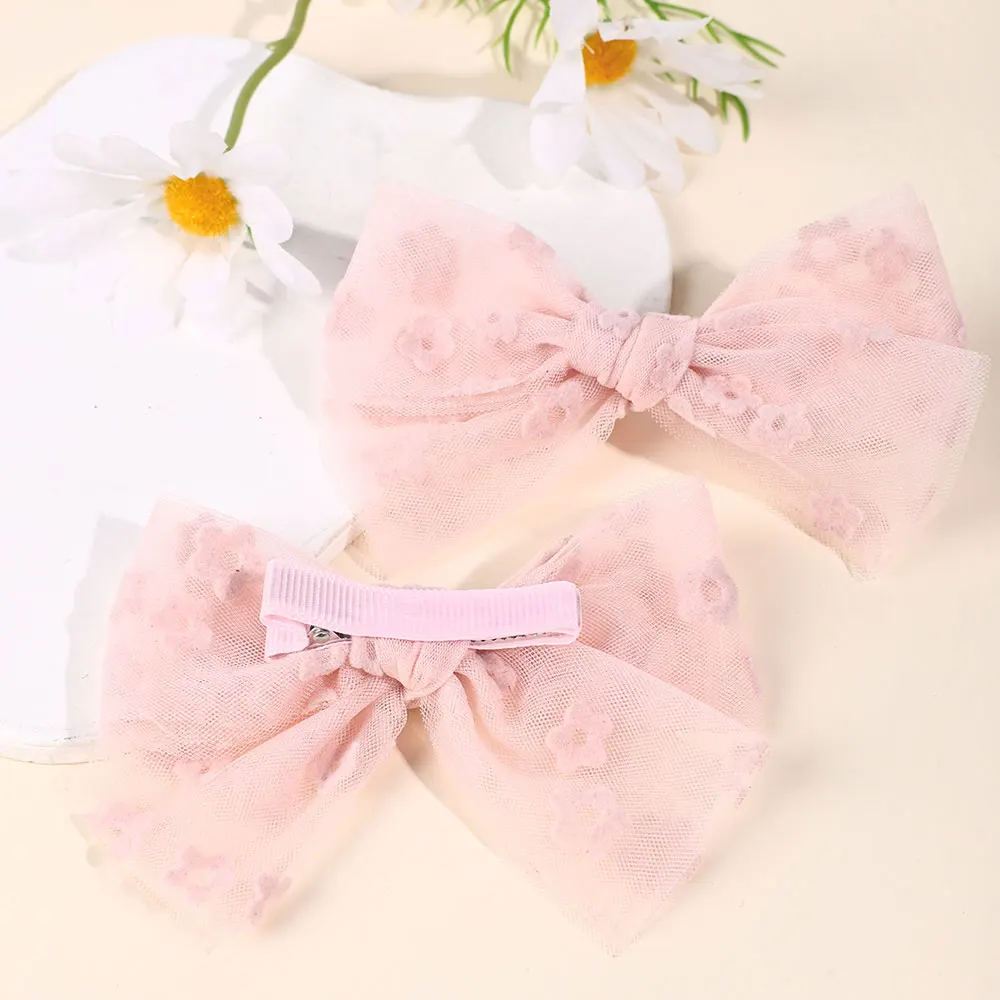 2Pcs White Lace Bow Hair Clip Sweet Floral Embroidery Hairpin Hair Styling Spring Clamp Gauze Barrettes Girls Hair Accessories