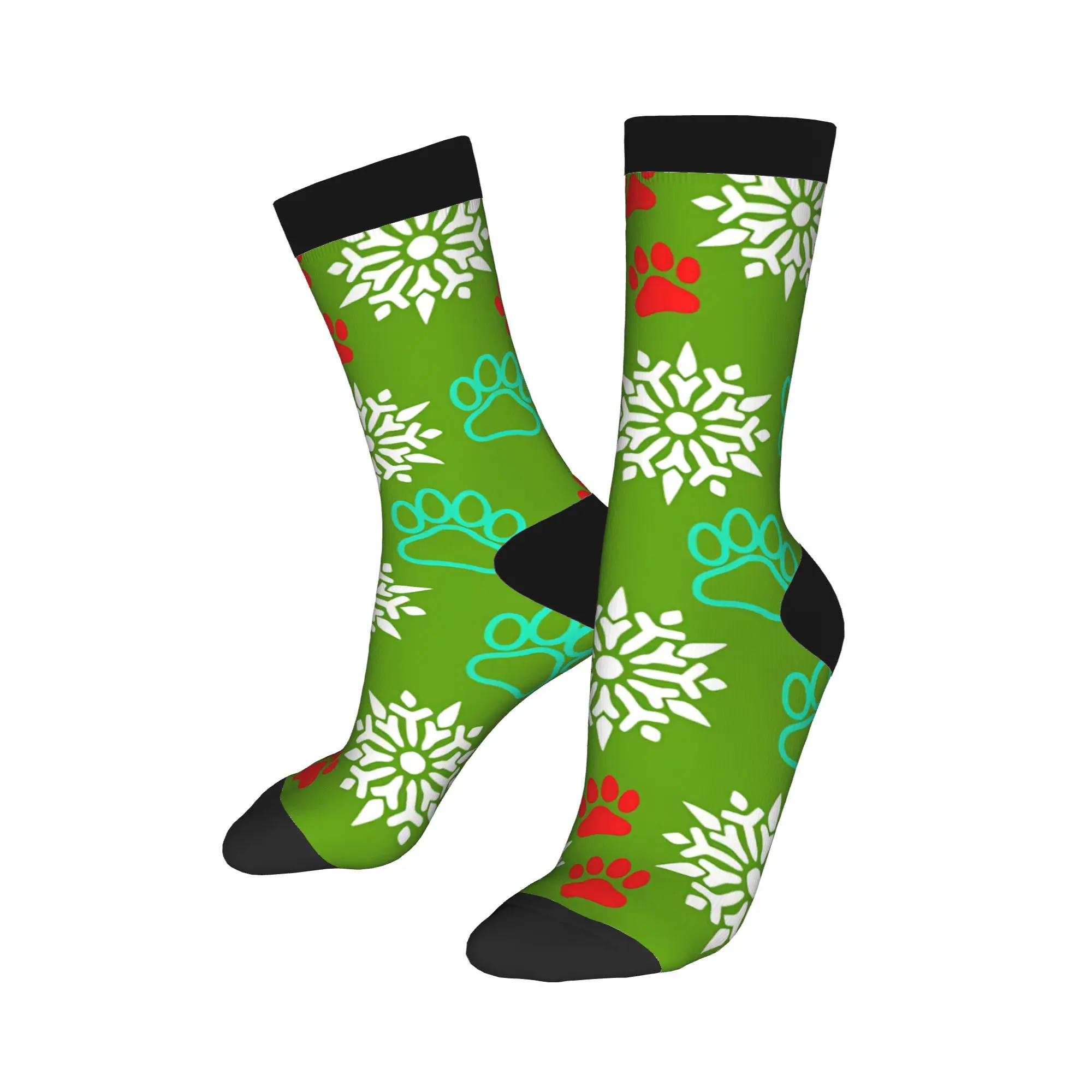 Autumn Winter Colorful Women Men Christmas Snowflakes and Paws Aqua and Red on Green Socks  Non-slip Sports Socks