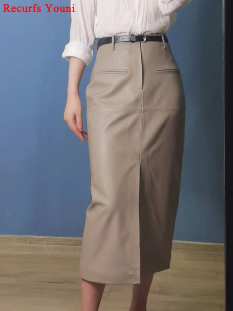Dames Lange Leren Rok 2023 Winter Euro Amerikaanse Kuit Lengte 100 Schapenvacht Slanke Kokerrok Met Riem Femme Front Split Saia AliExpress