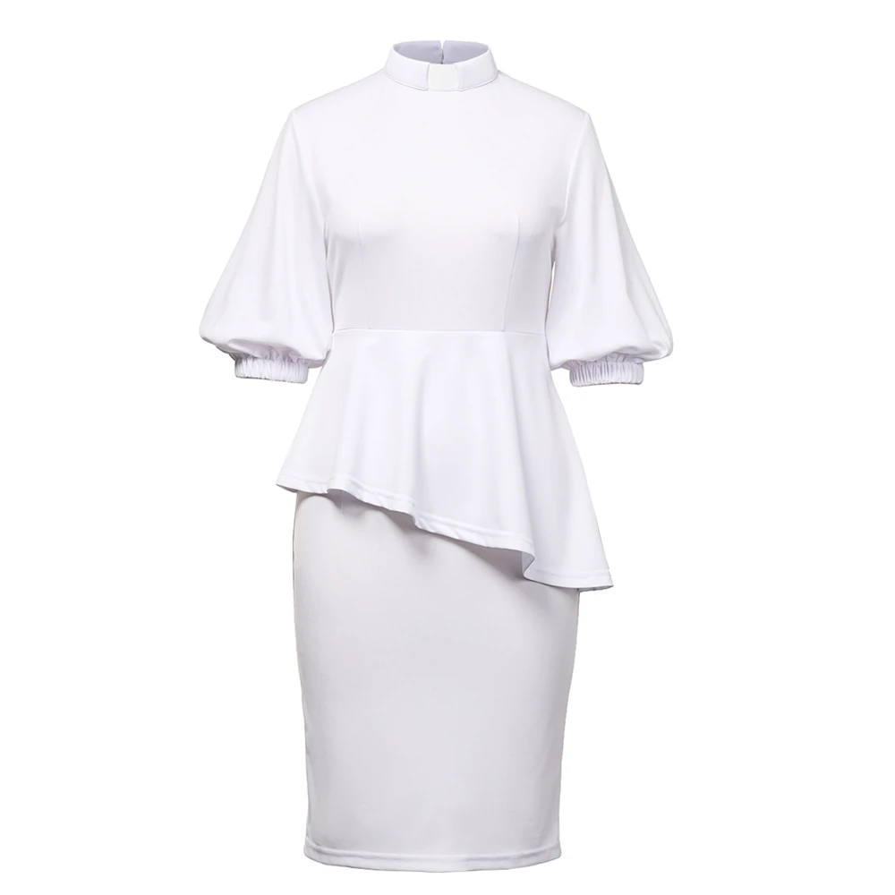 فساتين رجال الدين الياقة الكاملة نفخة 3/4 كم Bodycon طول فستان حفلة قلم رصاص ميدي