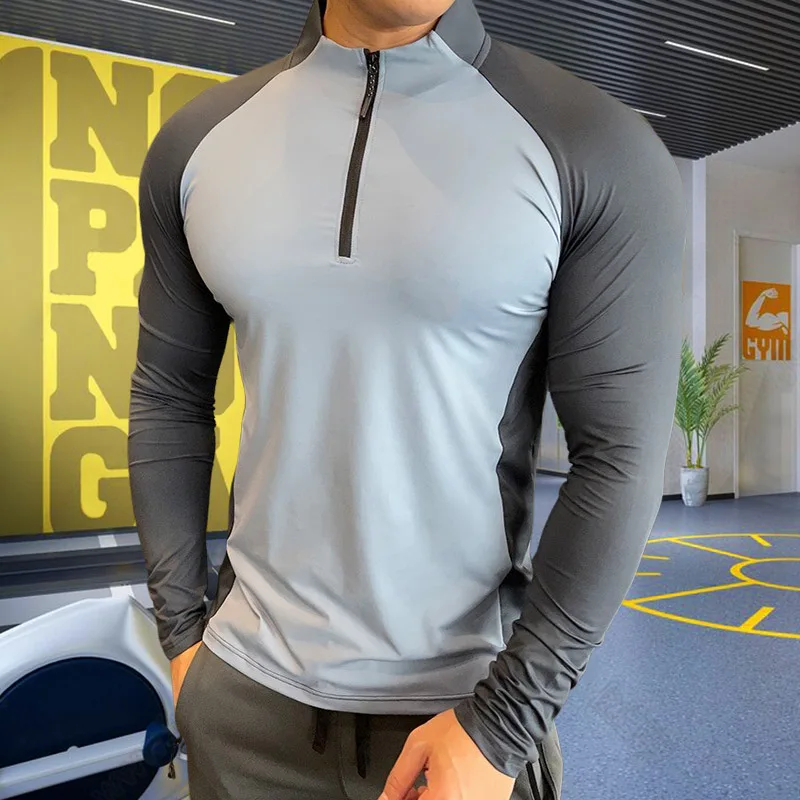 Men Fitness Trainer Training T-shirts Tops Gym Workout Compression Sweatshirt for Running Football Jersey High Collar Sportswear